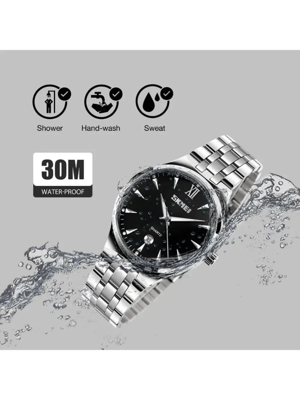 Men's Silver Black Analog Stainless Steel Roman Numeral Waterproof Luxury Watch